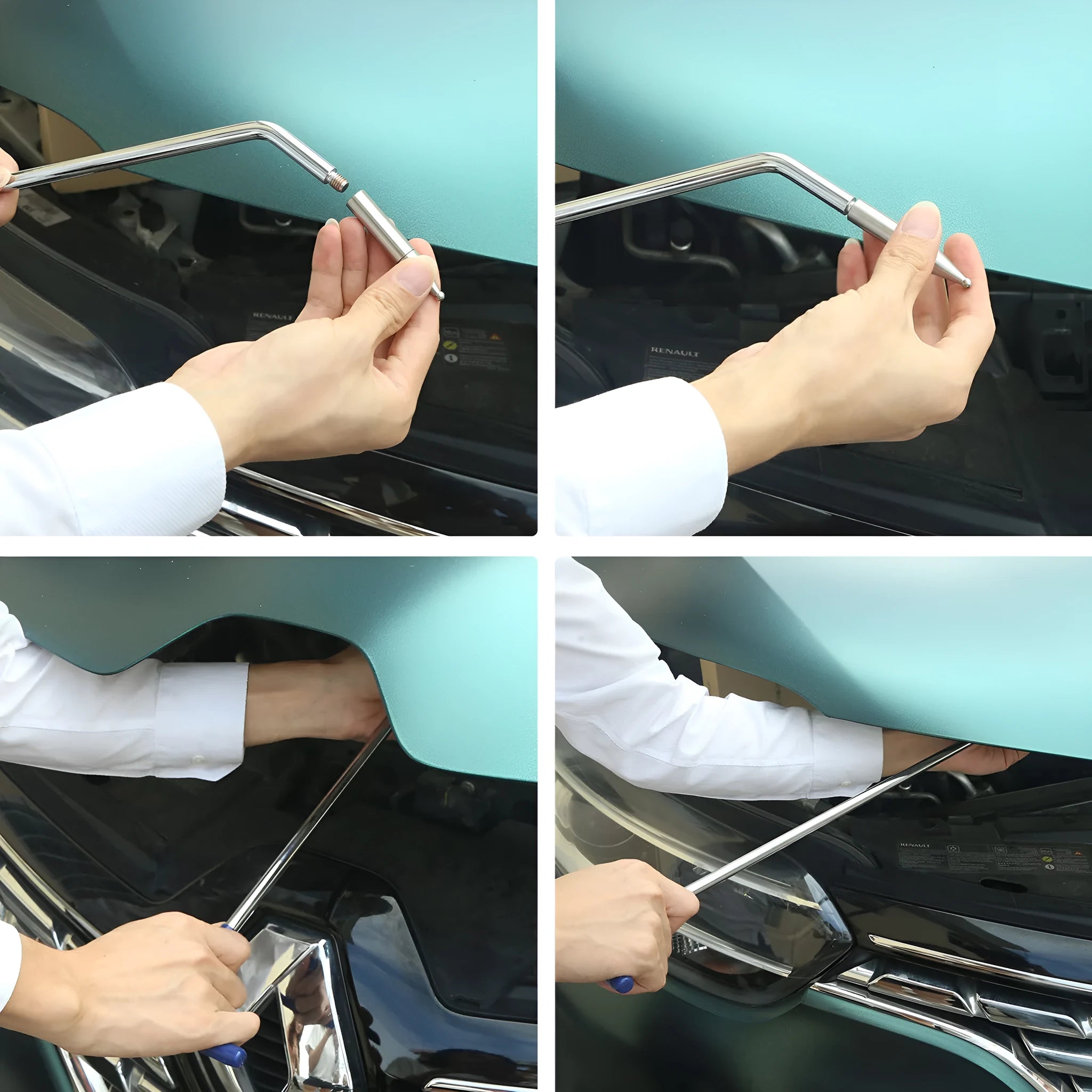 Three-piece alloy steel car dent repair hook crowbar tool set for automotive bodywork panel maintenance