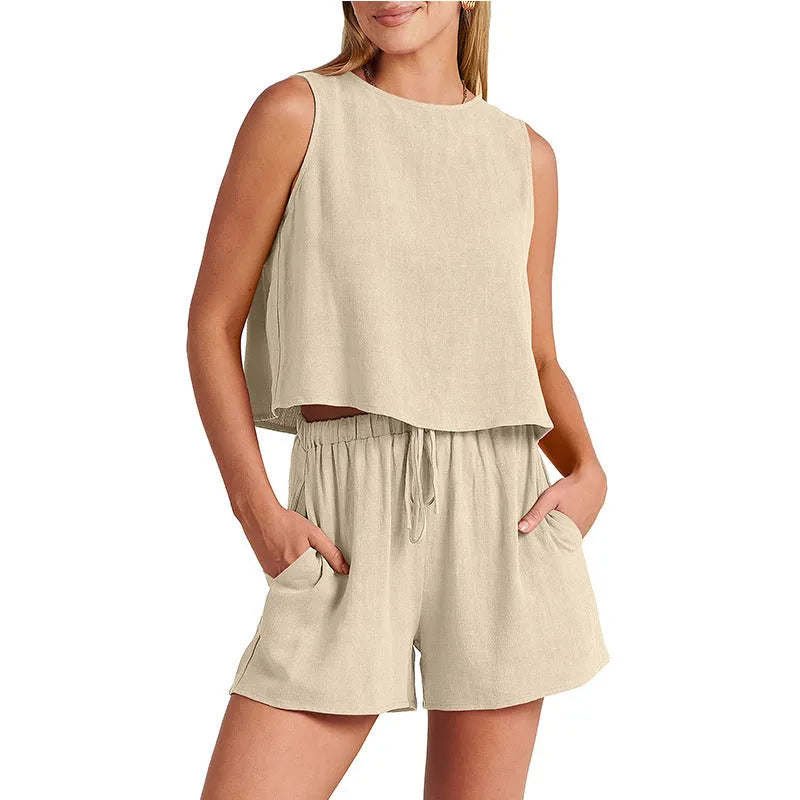 Women's rayon linen summer set with sleeveless top and drawstring shorts in five colour options