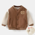 Fleece-lined cotton baseball coat for children, dark coffee colour, front view