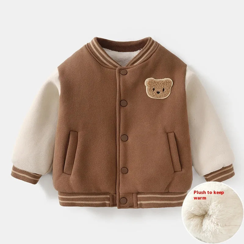 Fleece-lined cotton baseball coat for children, dark coffee colour, front view
