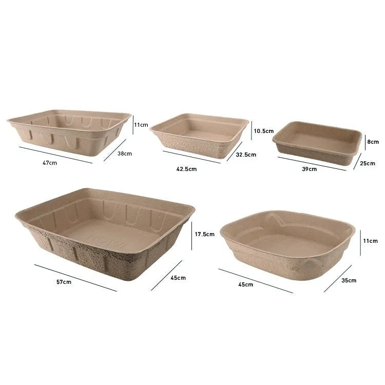 Brown disposable waterproof cat litter box shown in three available sizes.