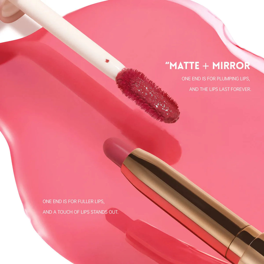 Double-headed lipstick and lip gloss in matte finish showing ten colour options 01 to 10