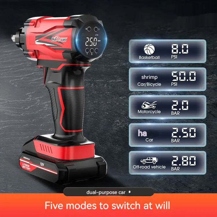 Red and black portable car tyre air pump with power cable and multiple nozzle attachments