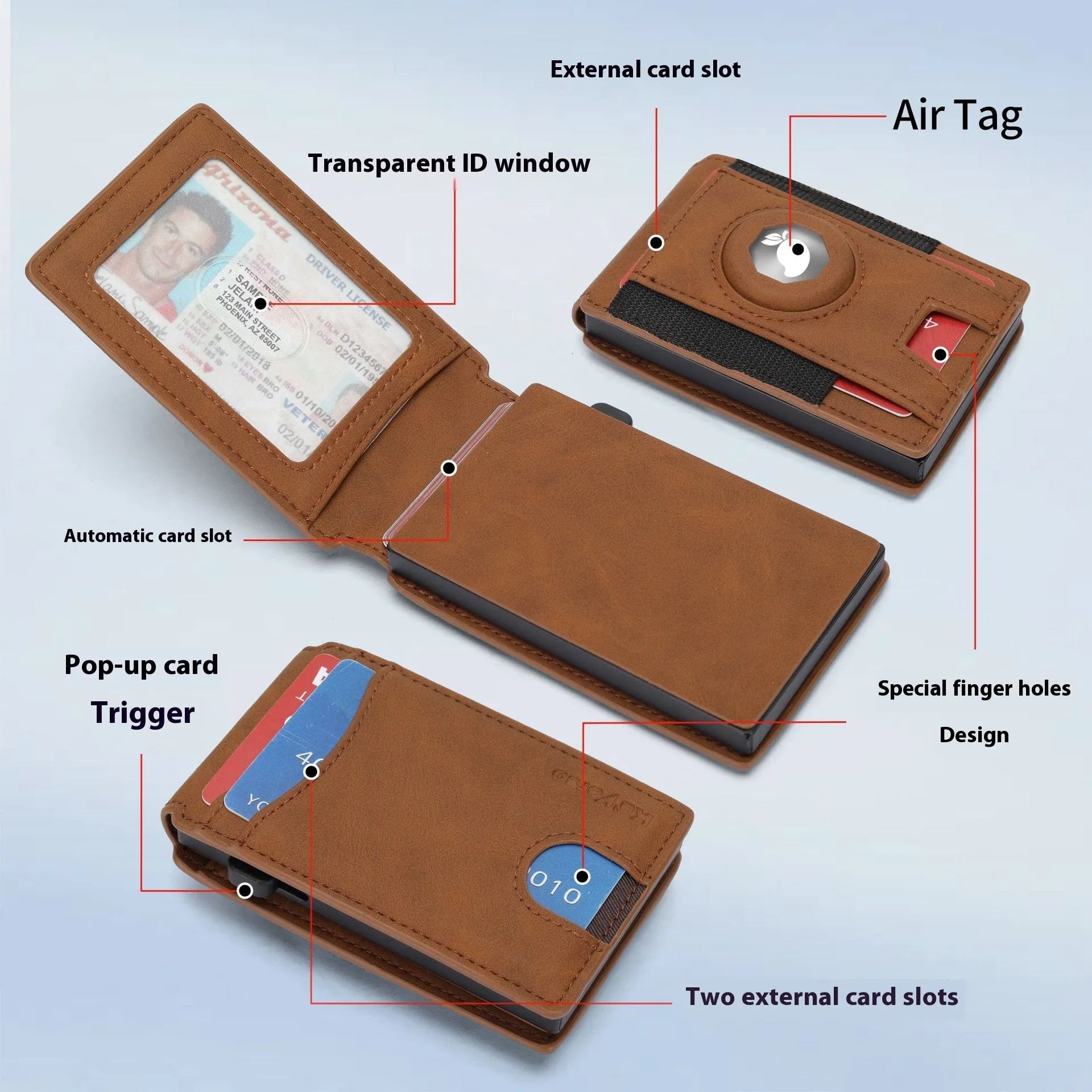 Men's slim synthetic leather card holder wallet in light brown, dark brown, and black colour options.