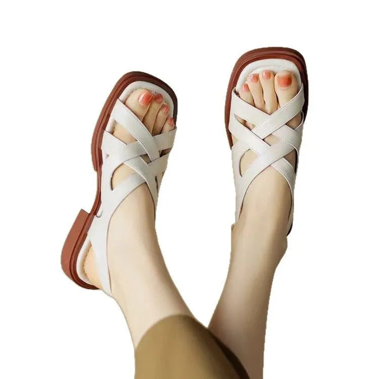 Women's glossy patent leather sandals with square toe and cross strap design in three colour options