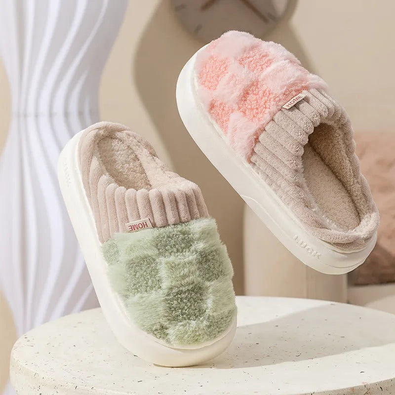 Women's coral velvet plush house slippers with non-slip sole in coffee, green, grey, pink, and white colours