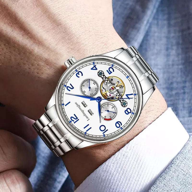 Men's stainless steel business mechanical watch with sapphire glass and leather strap