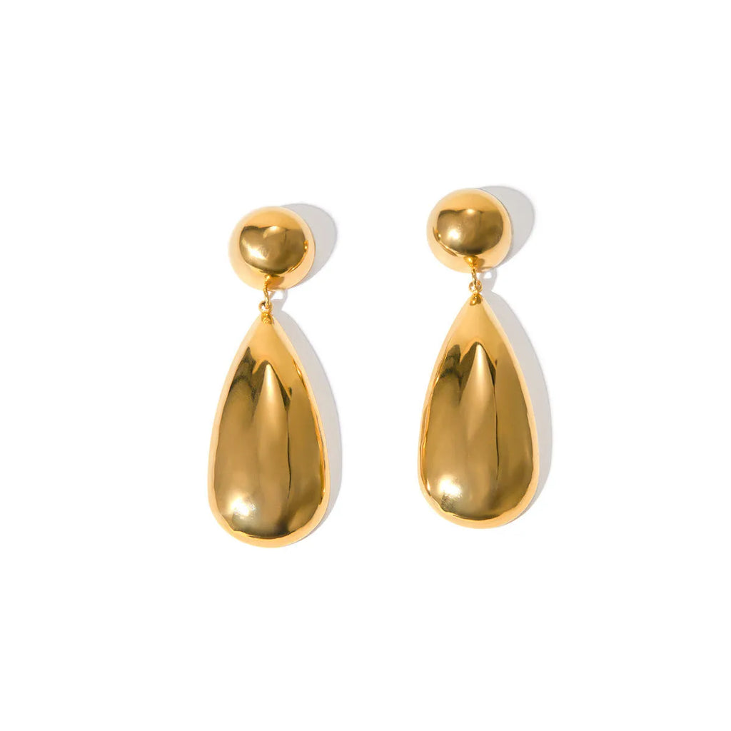 Gold electroplated stainless steel earrings with geometric hemisphere water drop pendant design