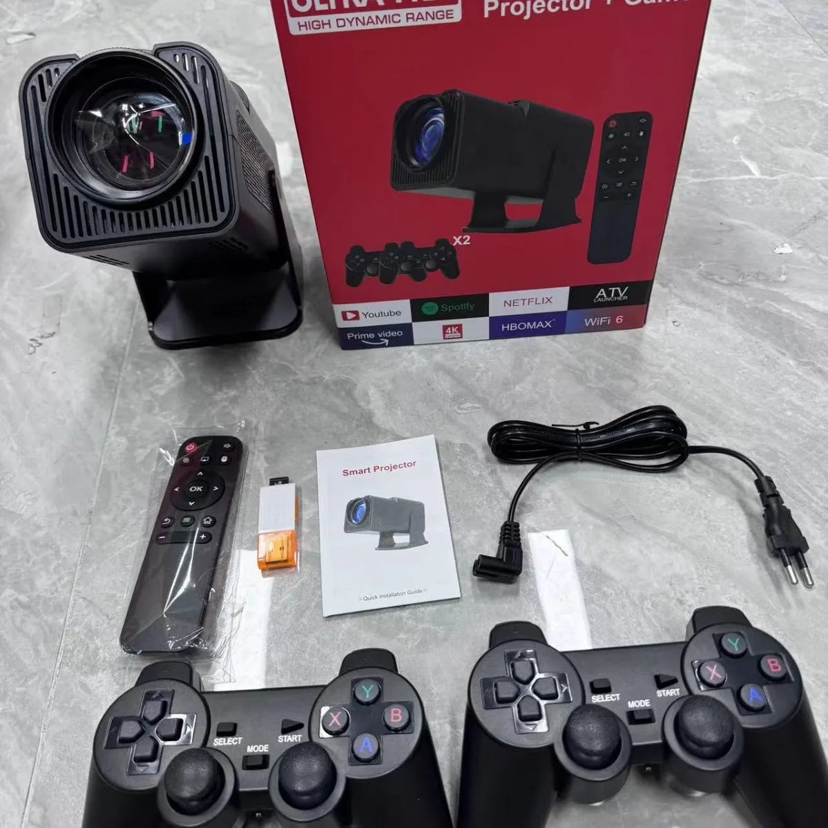 Home projector unit with carrying handle showing 720p HD and wireless projection features