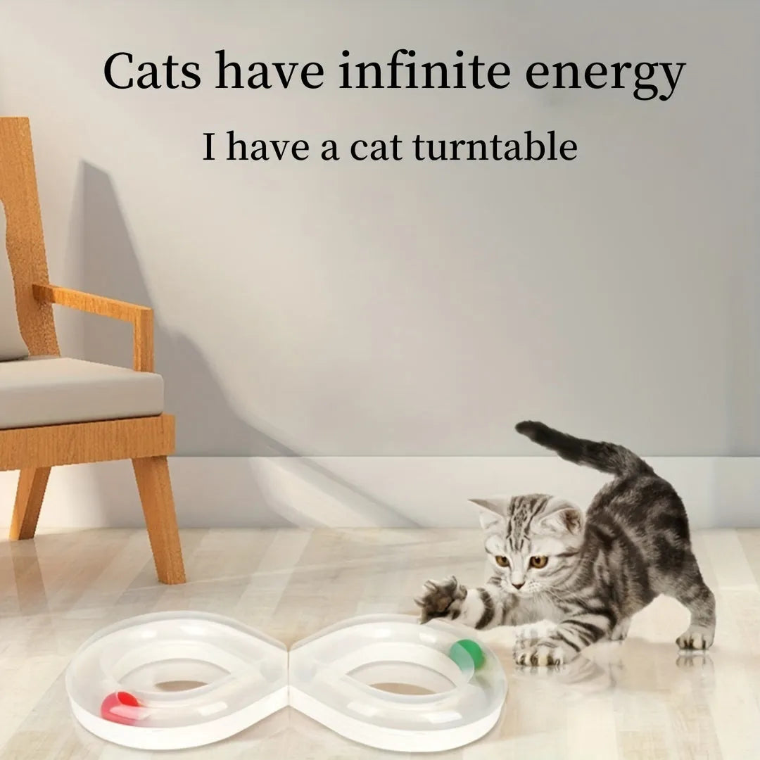 Blue and white cat track toy with turntable ball mechanism and teasing stick attachment