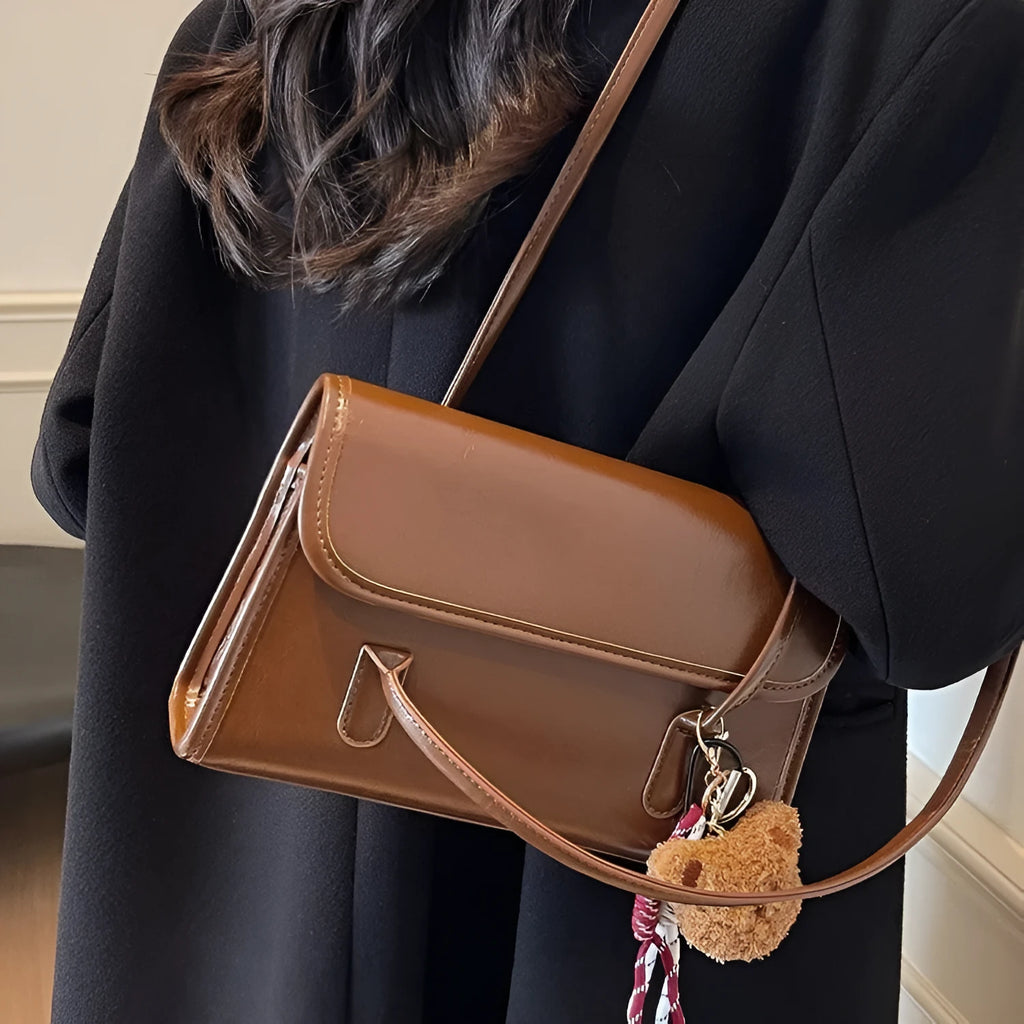 Brown women's PU leather Maillard shoulder bag with double straps and pendant accessory on horizontal square shape