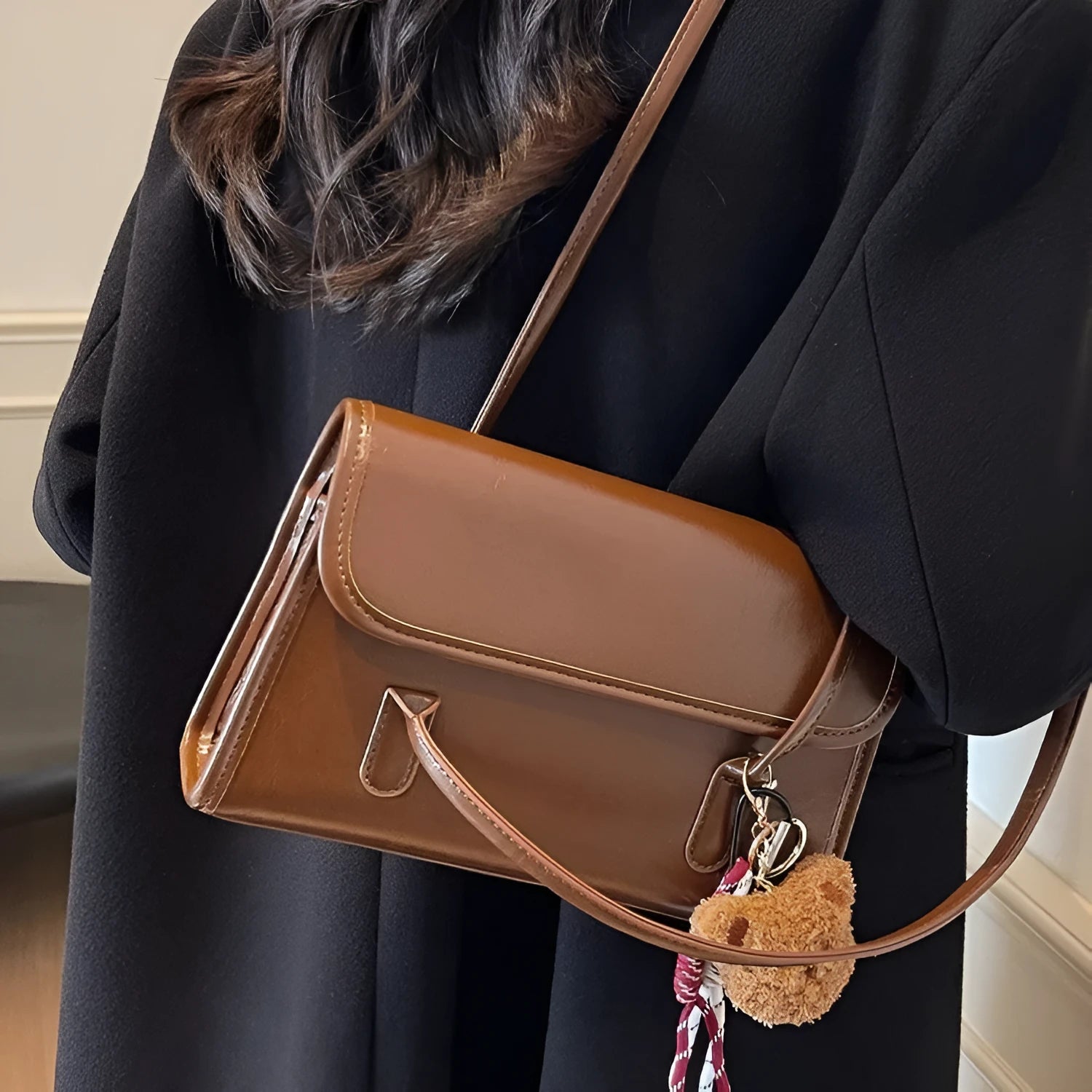 Brown women's PU leather Maillard shoulder bag with double straps and pendant accessory on horizontal square shape