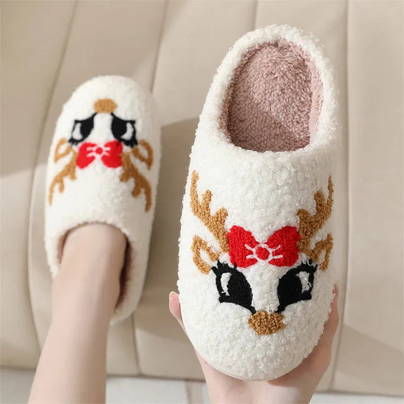Christmas deer slippers women's indoor non-slip TPR sole plush upper fox colour round toe