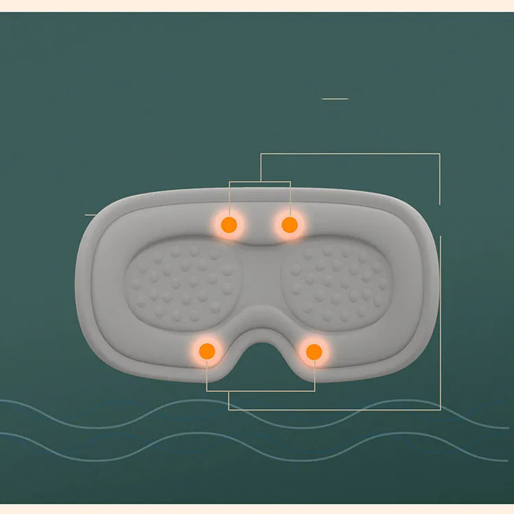 Green portable USB eye spa mask showing suede shell and super fibre interior on a desk.