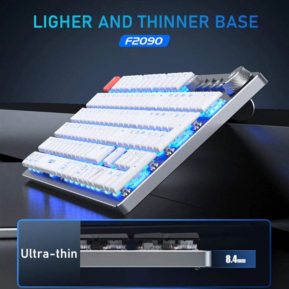 Wireless mechanical keyboard 104 keys low-profile with blue backlight, full layout, and short shaft switches