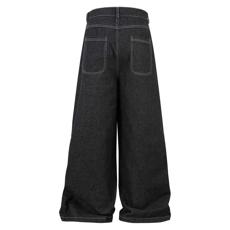 Black multi-pocket pleated workwear jeans with zip placket closure on mannequin