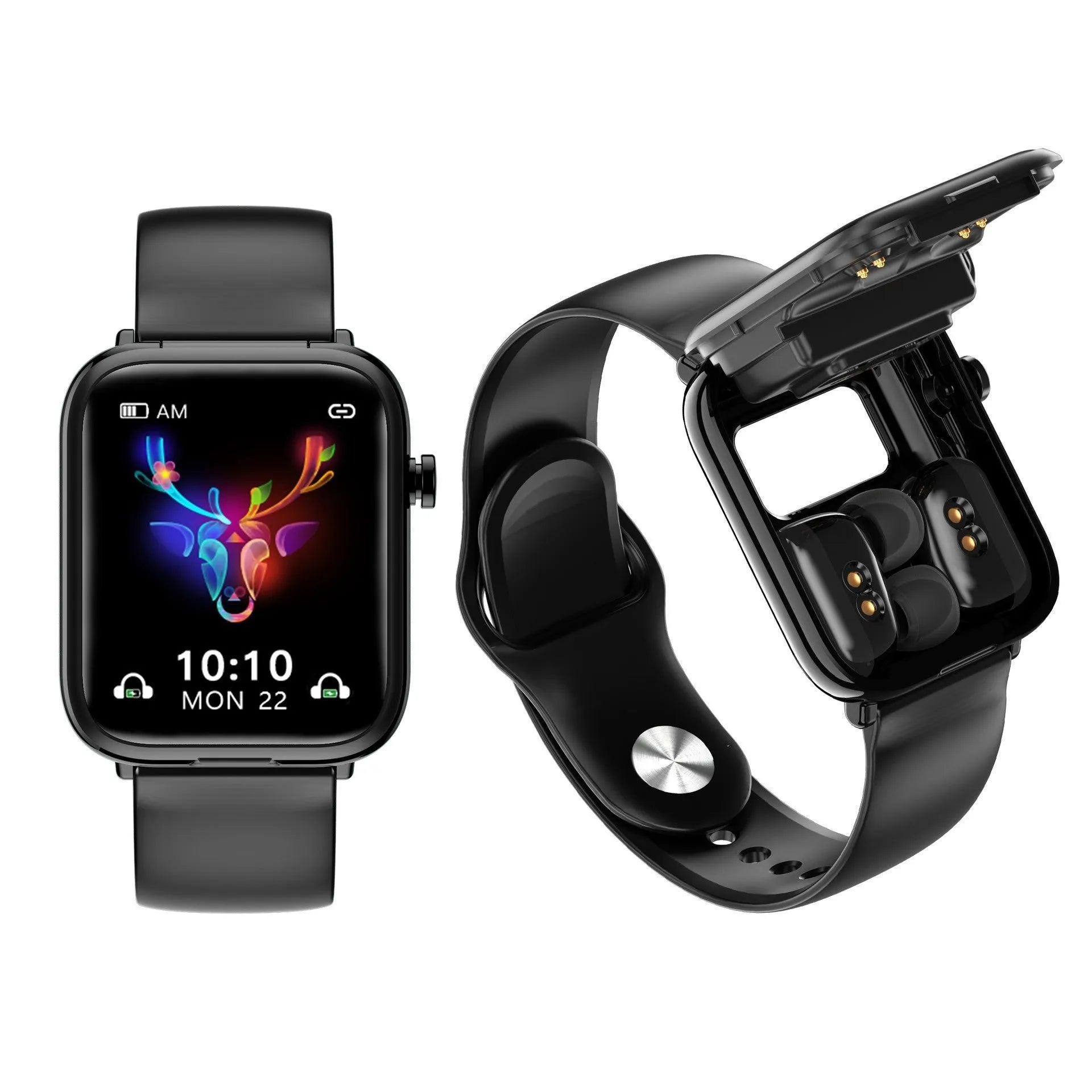 Black all-touch smart watch body with zinc alloy frame and 1.69 inch screen showing fitness data