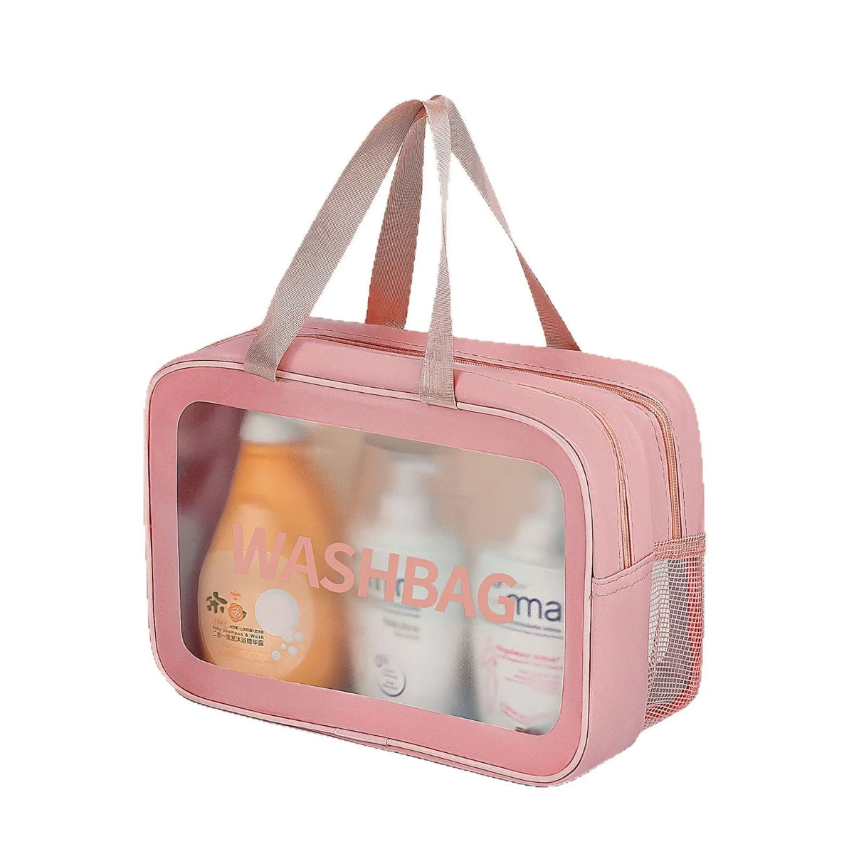 Large PVC transparent cosmetic bag set of three wash bags in beige and black