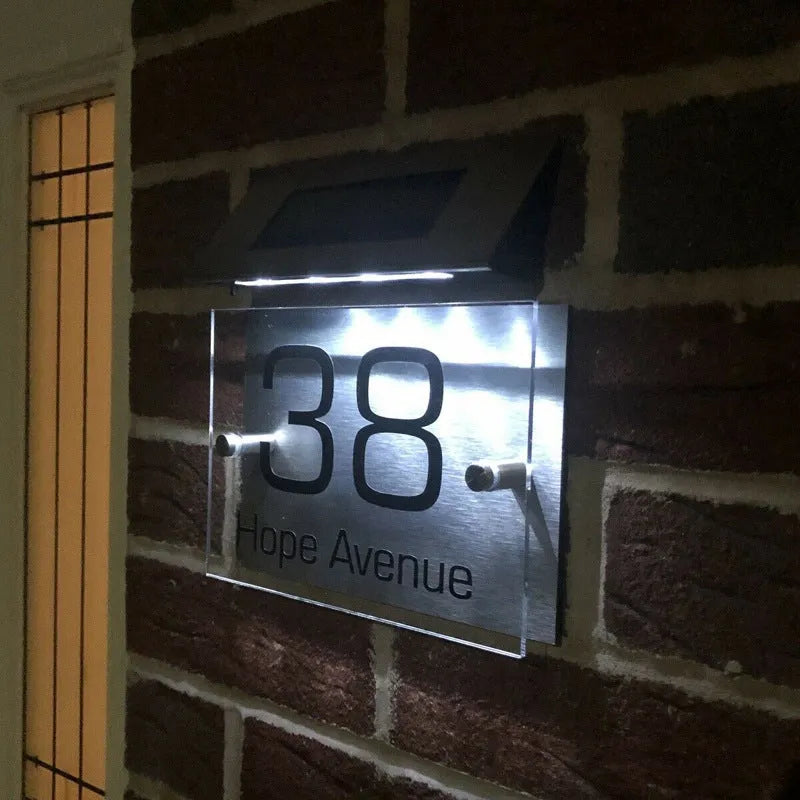 Solar powered stainless steel doorplate light with 4LED digital address display and IP55 protection