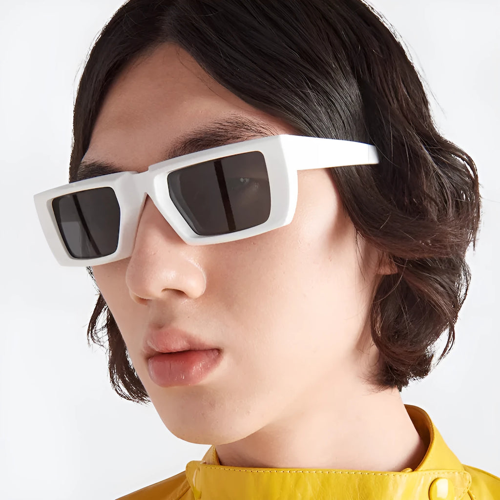Special-shaped sunglasses with Y2K street style aesthetic in various colour options showing full-frame design