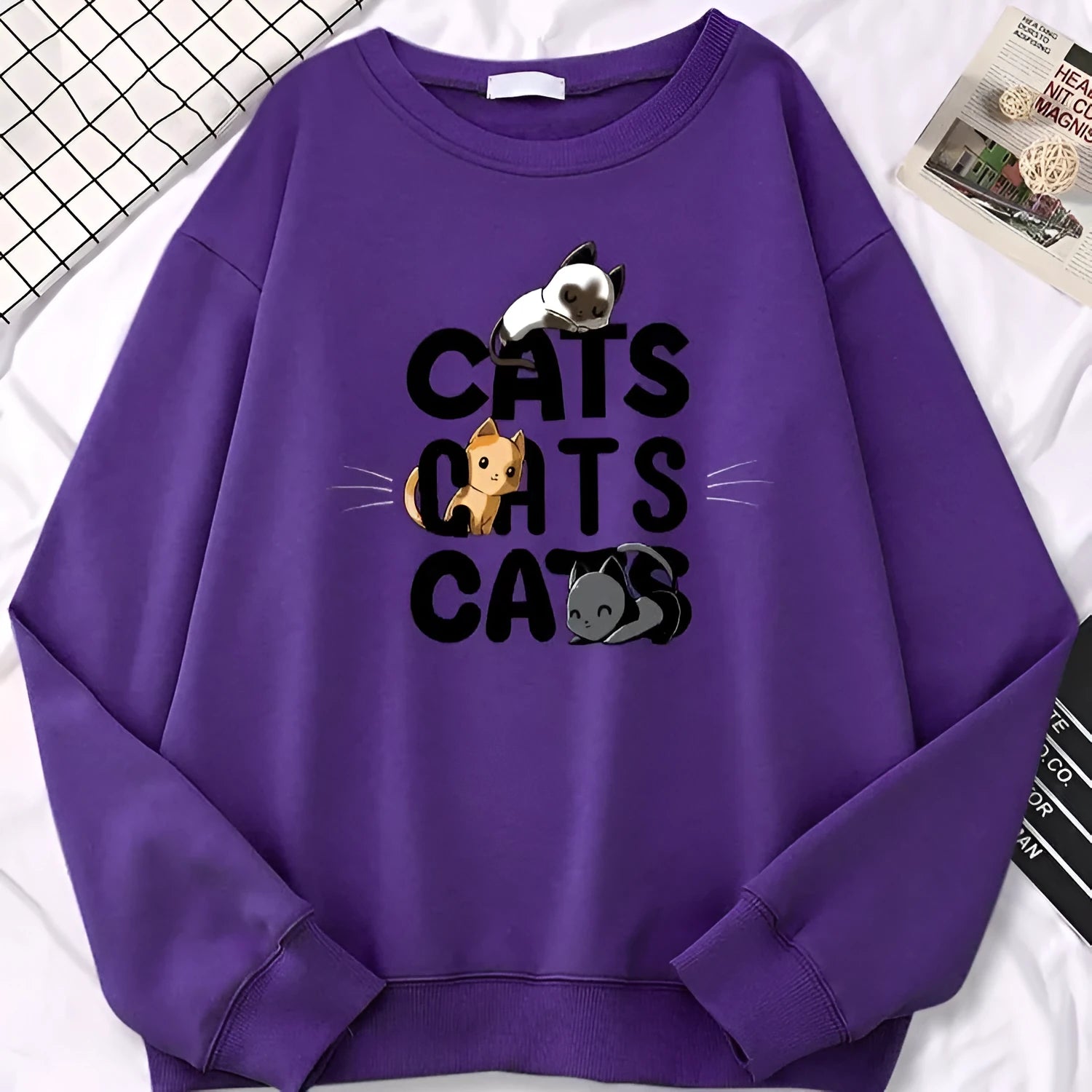 Drop-shoulder sleeve casual sports hoodie sweater loose fit polyester print pocket purple front view