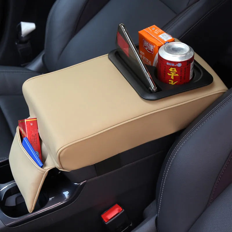 Leather car armrest box with water cup holder universal fit 35x20.5x7.5cm in beige