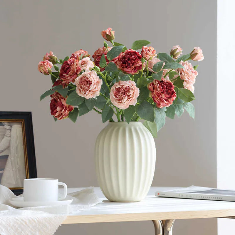 Silk emulational rose flower with baking edge process in beige for wedding and home decoration