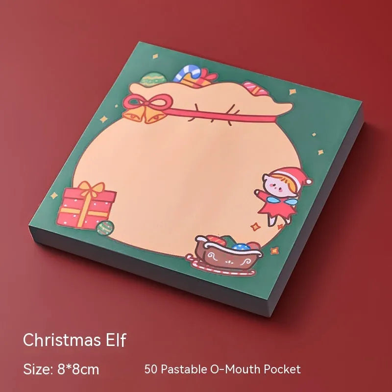 Christmas cartoon sticky notes pad showing eight festive designs including Santa Claus, snowman, and Christmas elf