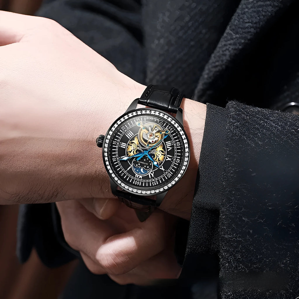 Men's waterproof mechanical watch with stainless steel case and multiple strap colour options