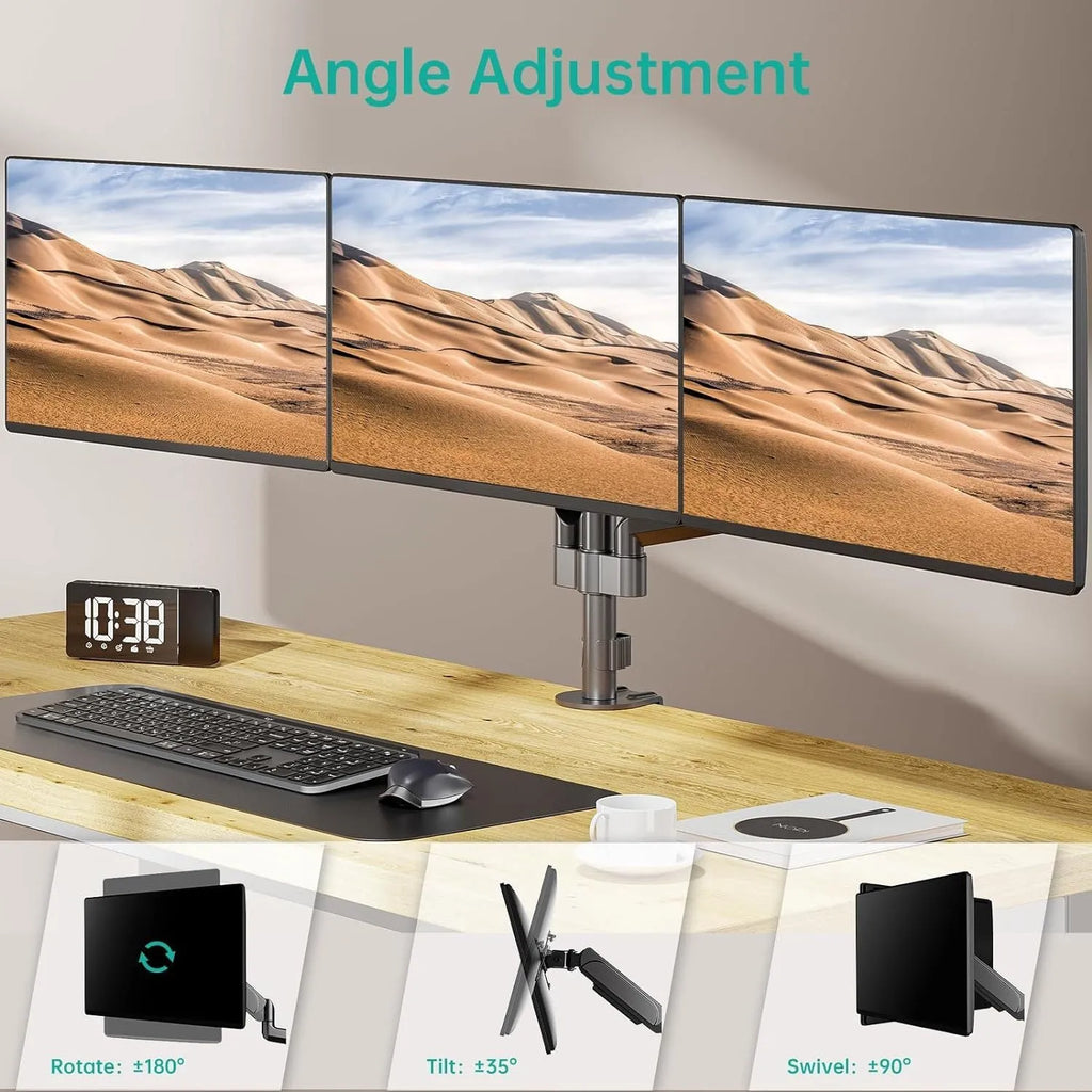 Black three-arm gas spring monitor mounting bracket for 13-27 inch computer screens.