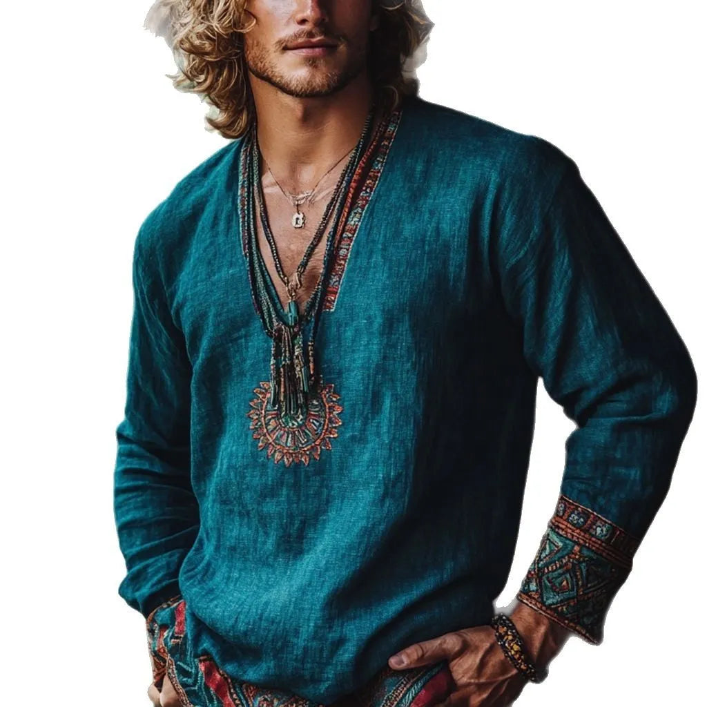 Boho vintage pattern printed long sleeve casual top in picture colour
