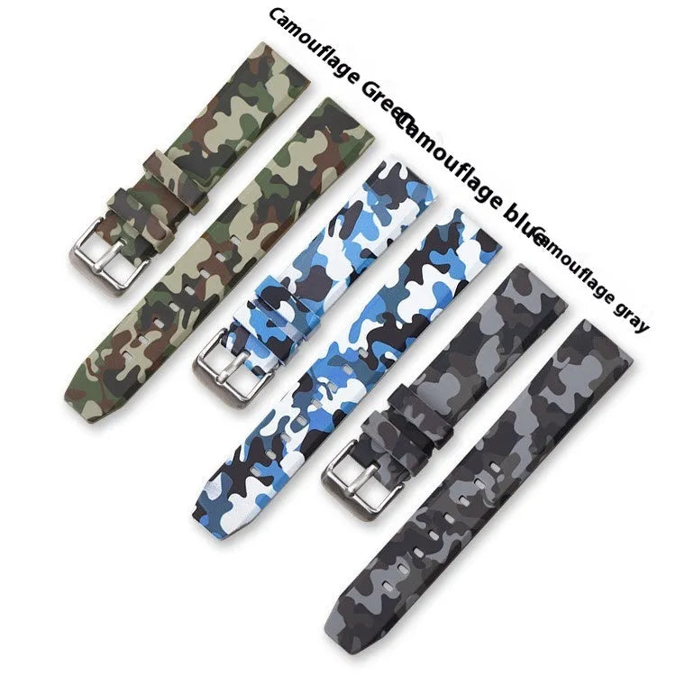 Green camouflage silicone watch strap with flat lugs, shown alongside blue and grey versions.