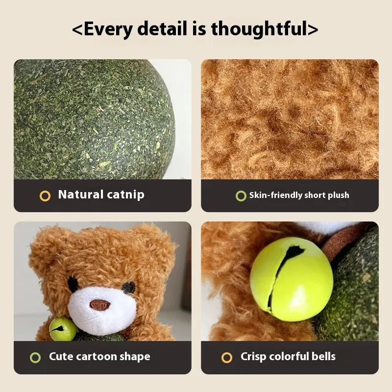 Brown Bear plush cat toy with a catnip ball and bell, measuring 15cm tall.