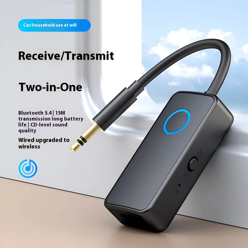 Black Bluetooth 5.4 audio adapter with a 3.5mm plug for wireless music streaming.