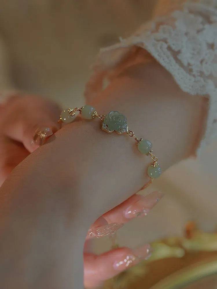 Original design Hetian jade rose women's bracelet with 14K gilded finish and flower shape