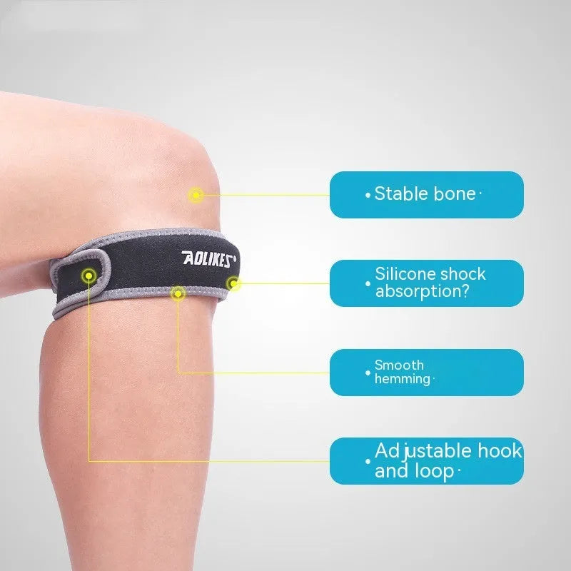 Black and grey adult patella retinaculum knee pad for sports protection.