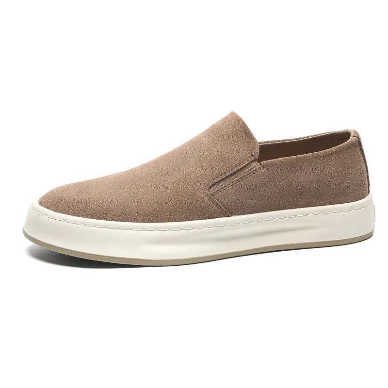 Grey and apricot men's casual round toe shoes with a mid heel and sleeve-on design