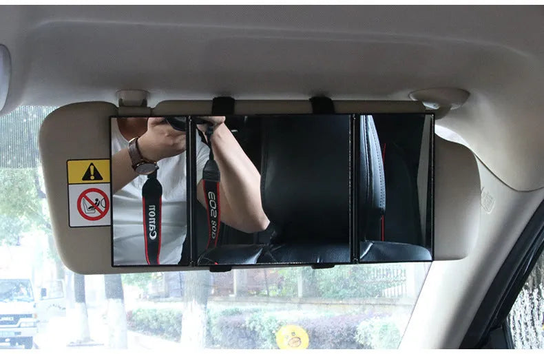 Silver folding car visor mirror shown opened to 30.5cm wide with ABS plastic frame