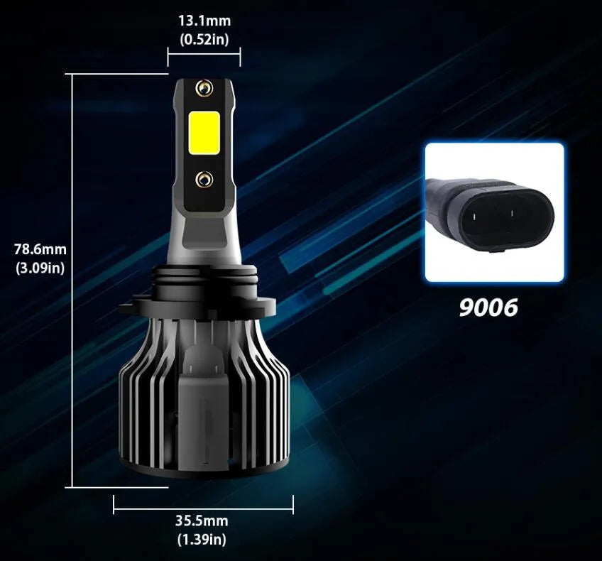 Car LED headlight bulb kit showing 6000K white light, 72W high power, and plug-and-play connectors.