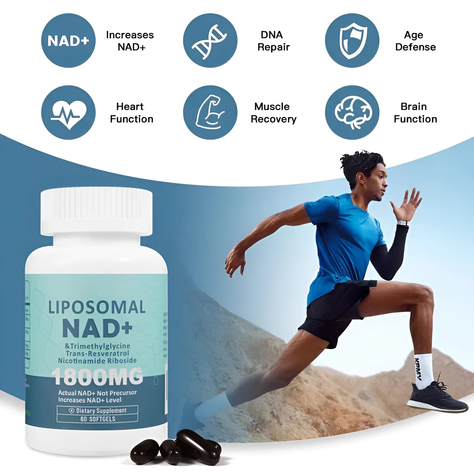 Bottle of Nicotinamide Mononucleotide Gel capsules, available in 60 or 120 count options.