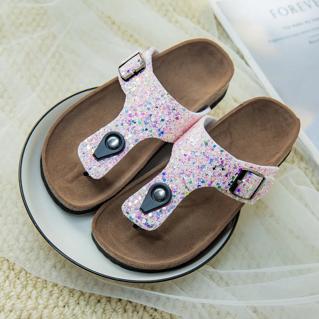Cork beach flip-flops with frosted finish artificial leather uppers and PVC soles in pink colour