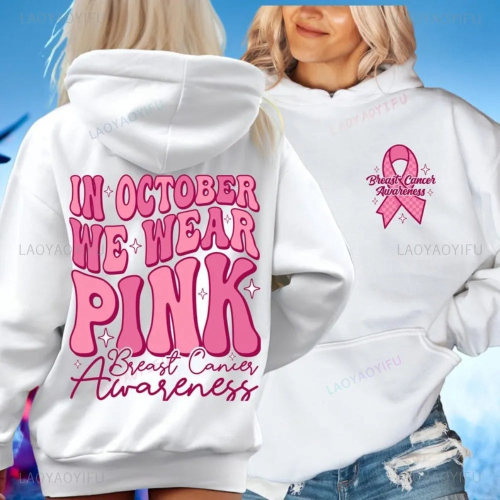 Breast Cancer Awareness hoodie sweatshirt with retro art pattern and side seam pocket