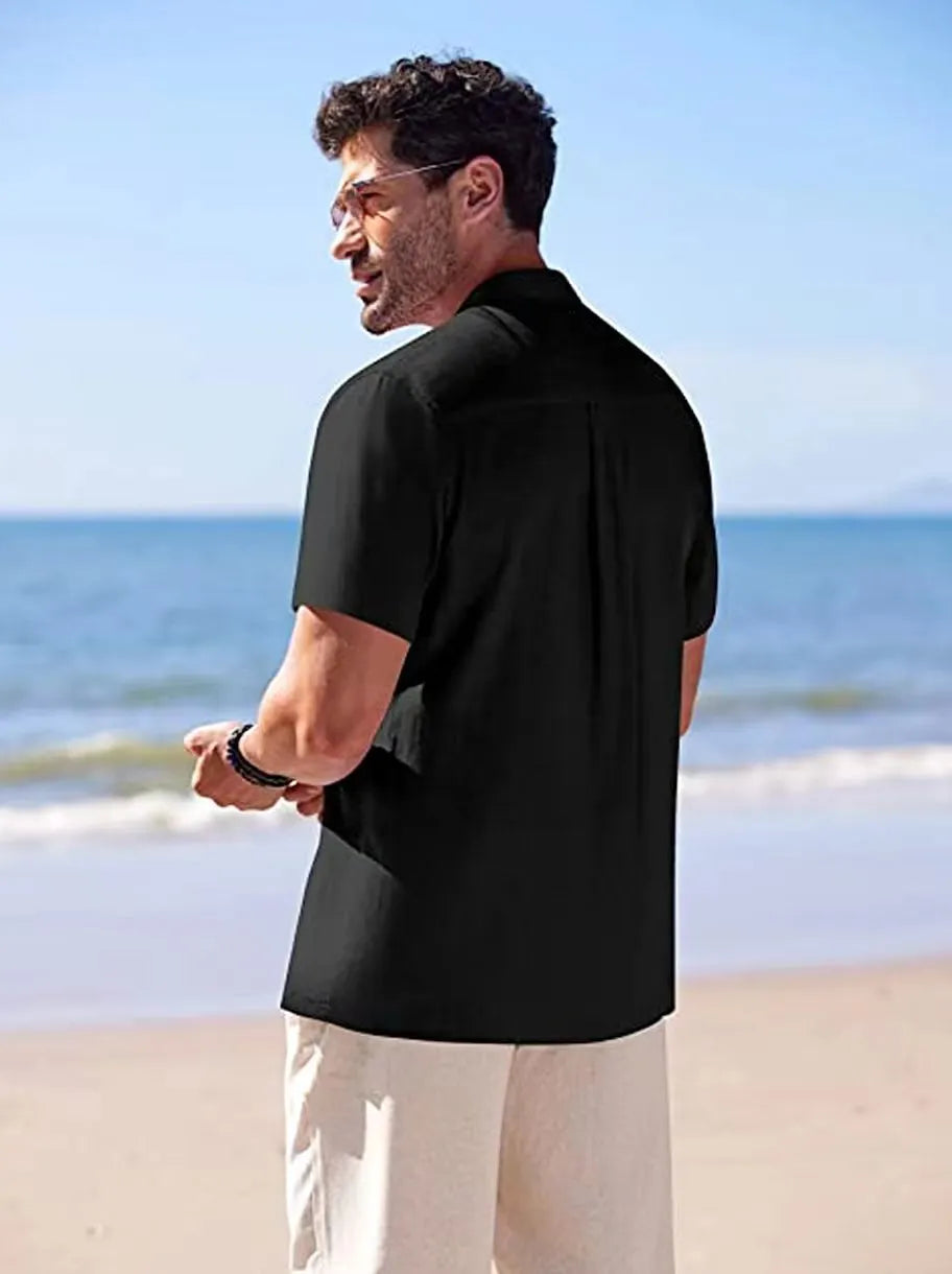 Men's short-sleeved casual shirt top in khaki cotton with fold craft sleeves, front view