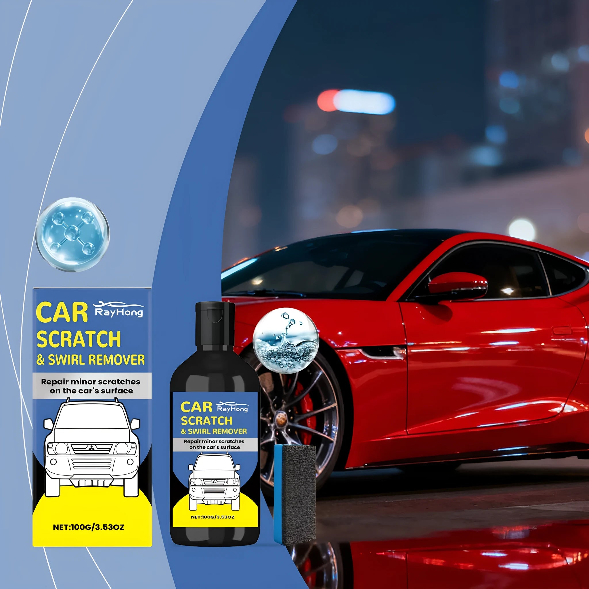 RAYHONG car scratch care package with 100g tube of calcium carbonate swirl remover and sponge applicator