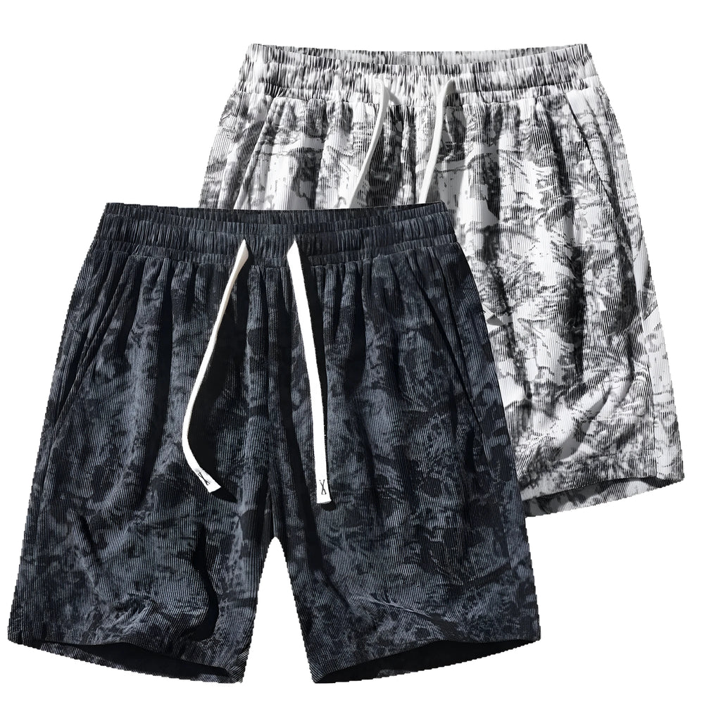 Men's corduroy camouflage pattern athletic shorts in a straight-leg style with a high waist.