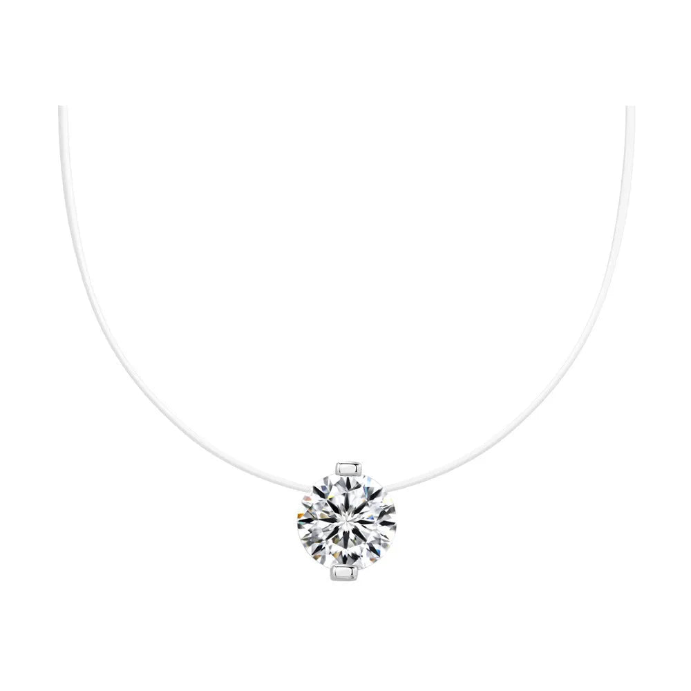 Women's silver necklace with floating moissanite plum blossom pendant on invisible fishing line chain