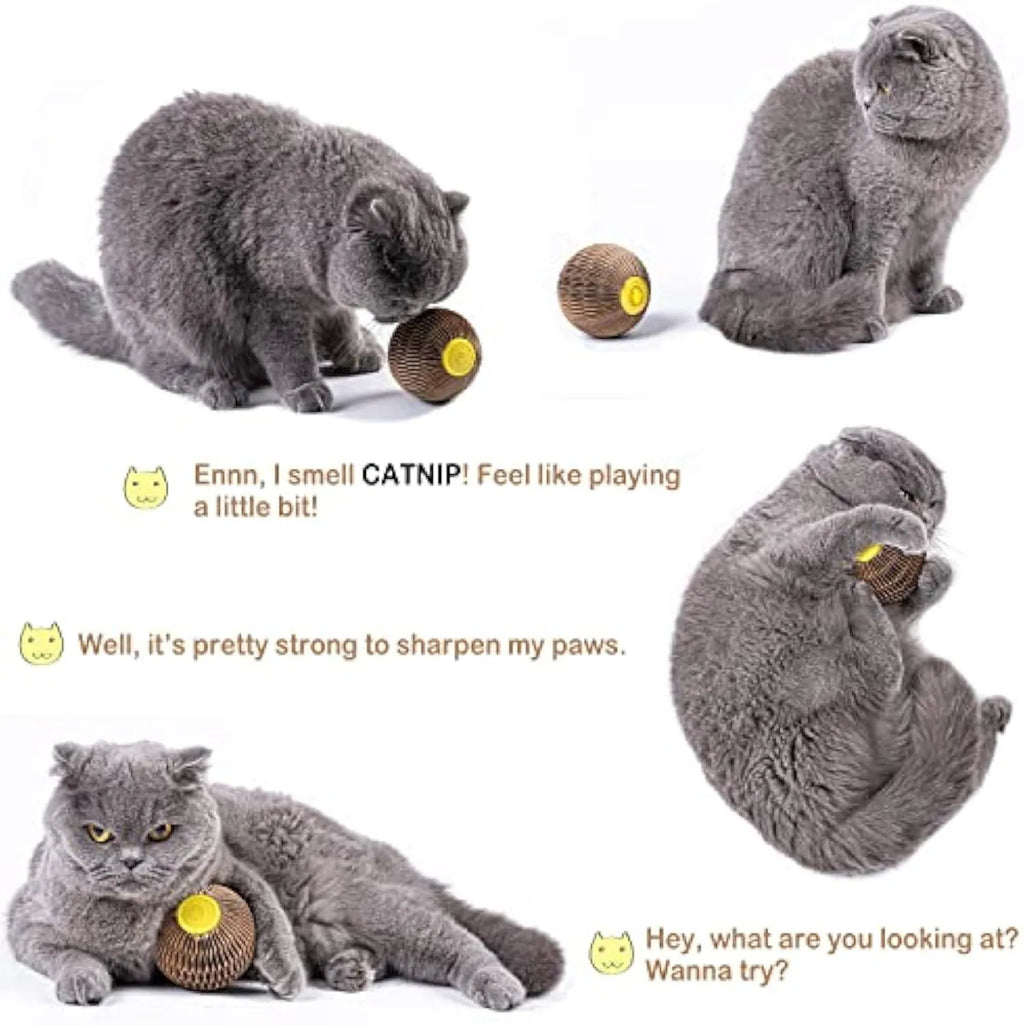 Brown refillable catnip ball toy for cats, 76mm corrugated paper scratcher with natural catnip