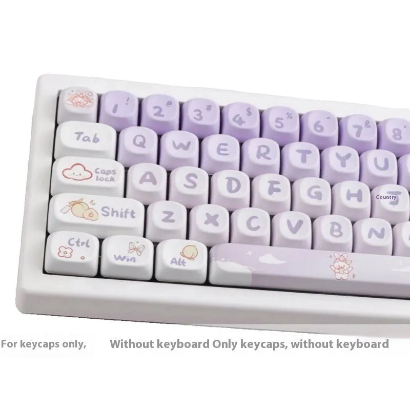 PBT plastic keycap set showing gradient purple colour and detailed rabbit themed designs for mechanical keyboards.