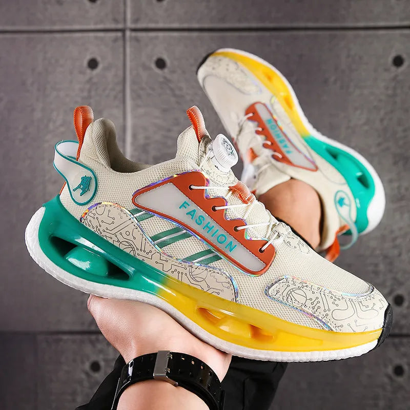 Men's low-top mesh sports shoes in beige orange with an elastic band and textured TPU sole.