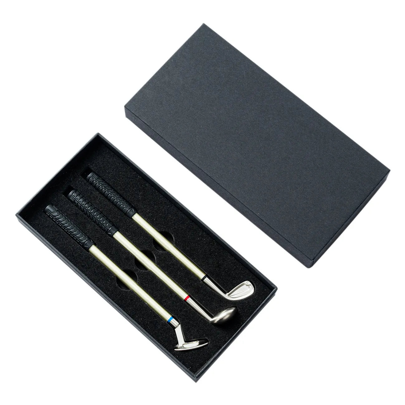 Three metal ballpoint pens with suit pattern design showing 0.7mm writing tips